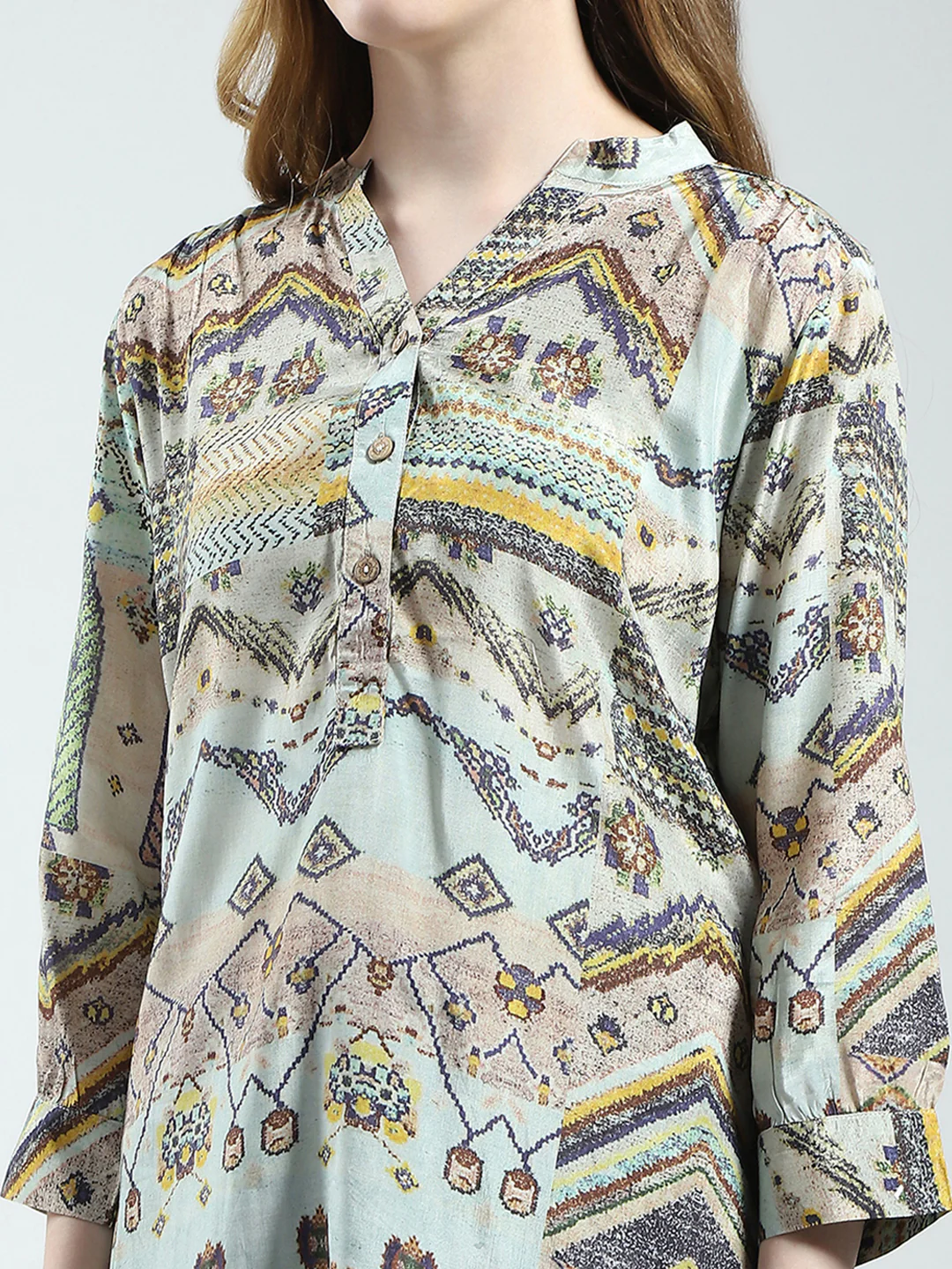 Women Multicolor Printed Band Collar 3/4th Sleeve Tunic - Image 6