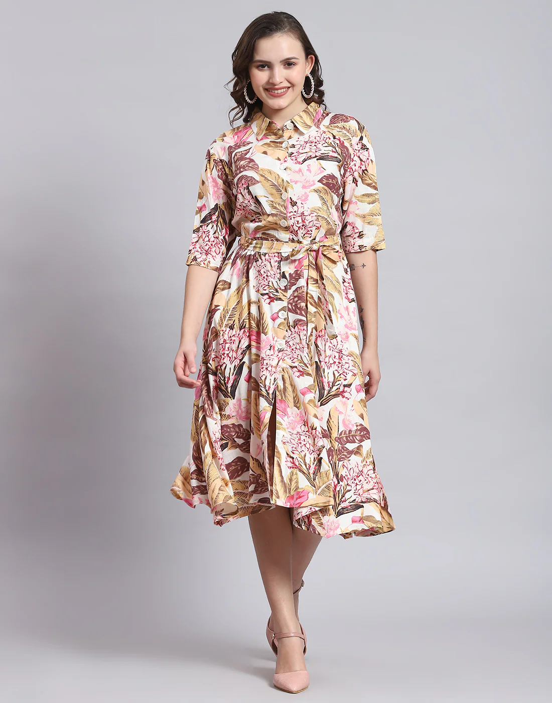 Women Multicolor Printed Front Open Short Sleeve Dress - Image 2