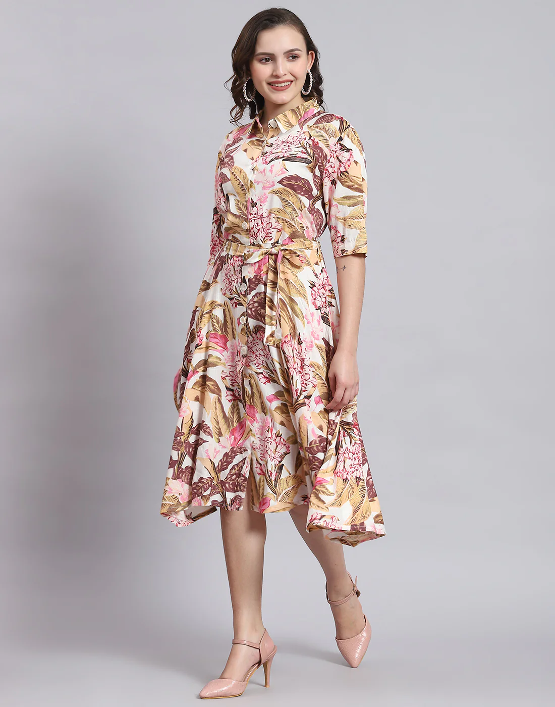 Women Multicolor Printed Front Open Short Sleeve Dress - Image 3
