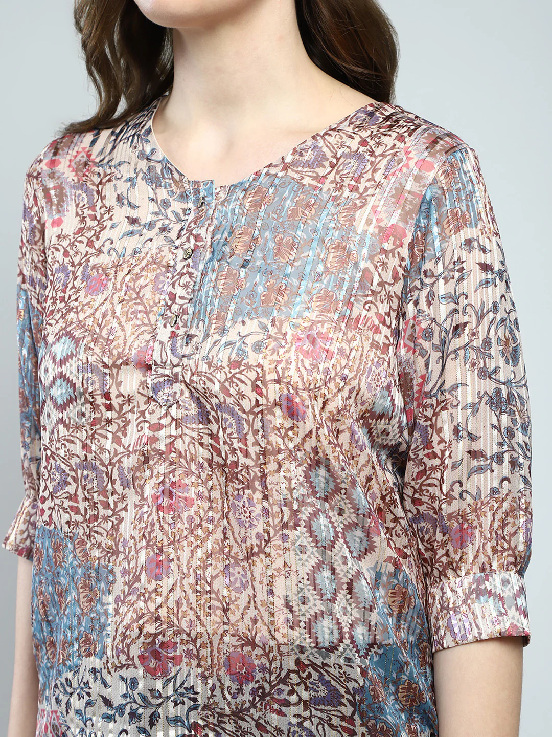 Women Multicolor Printed Round Neck 3/4th Sleeve Top - Image 6