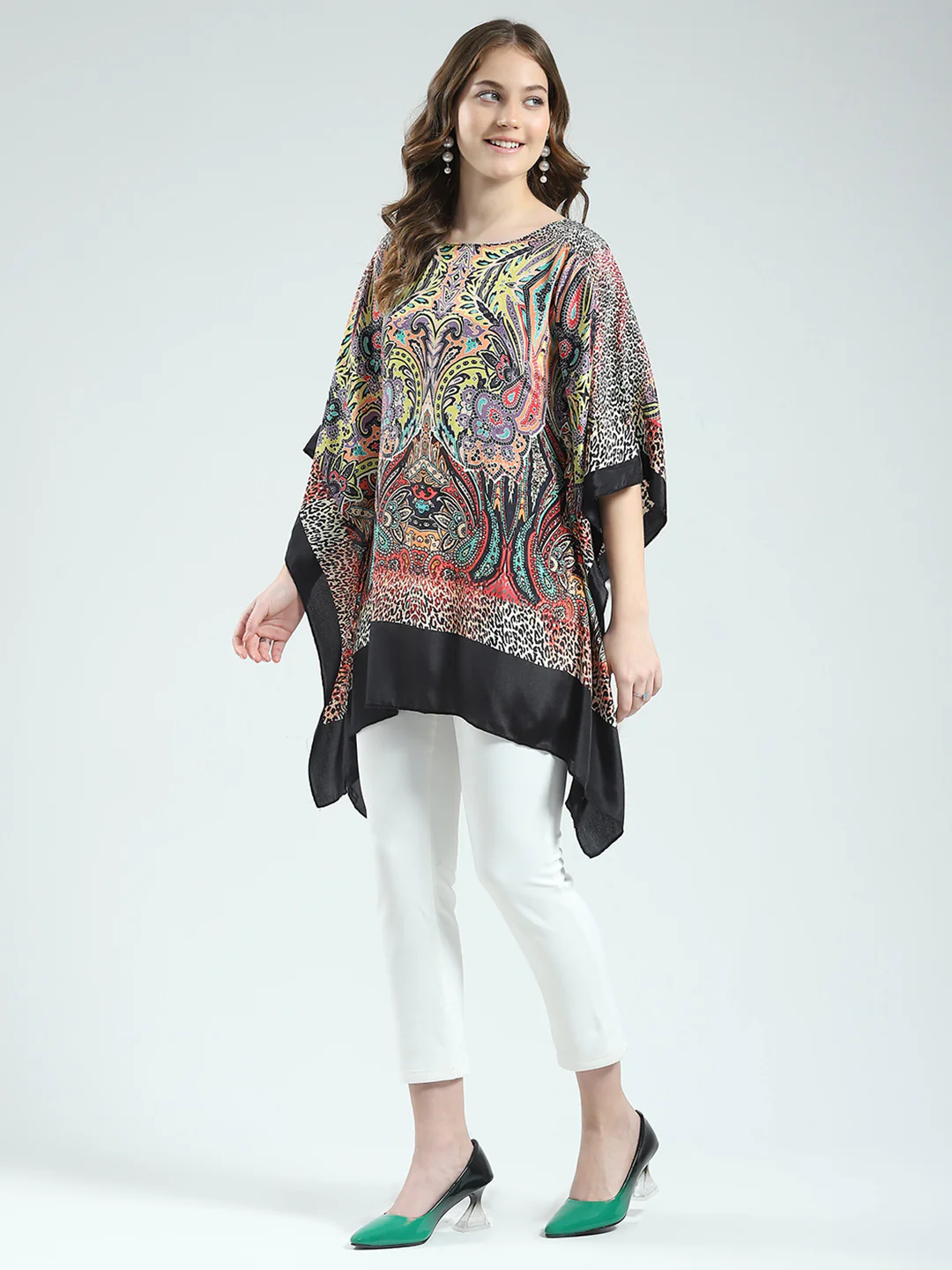 Women Multicolor Printed Round Neck 3/4th Sleeve Poncho - Image 3