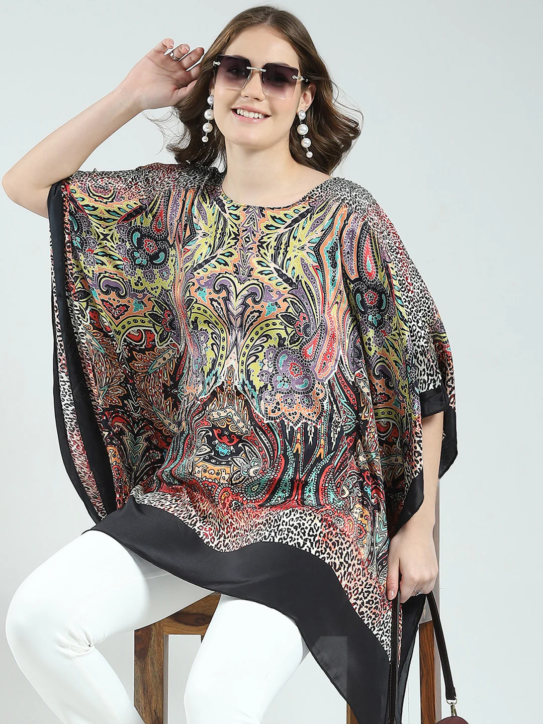Women Multicolor Printed Round Neck 3/4th Sleeve Poncho - Image 6