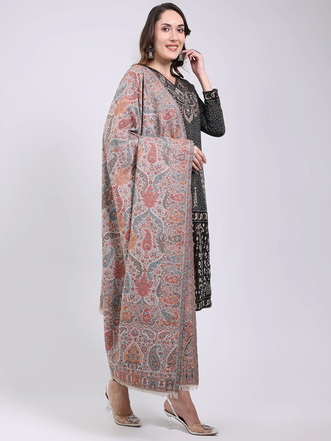 Women Multicolor Printed Wool Blend Shawl - Image 4