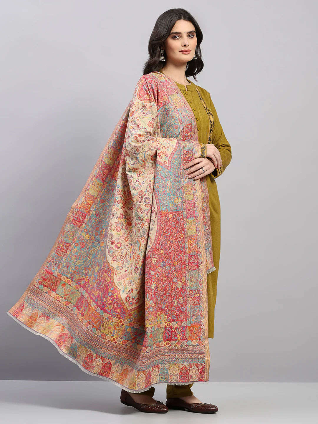Women Multicolor Printed Wool Blend Shawl - Image 4