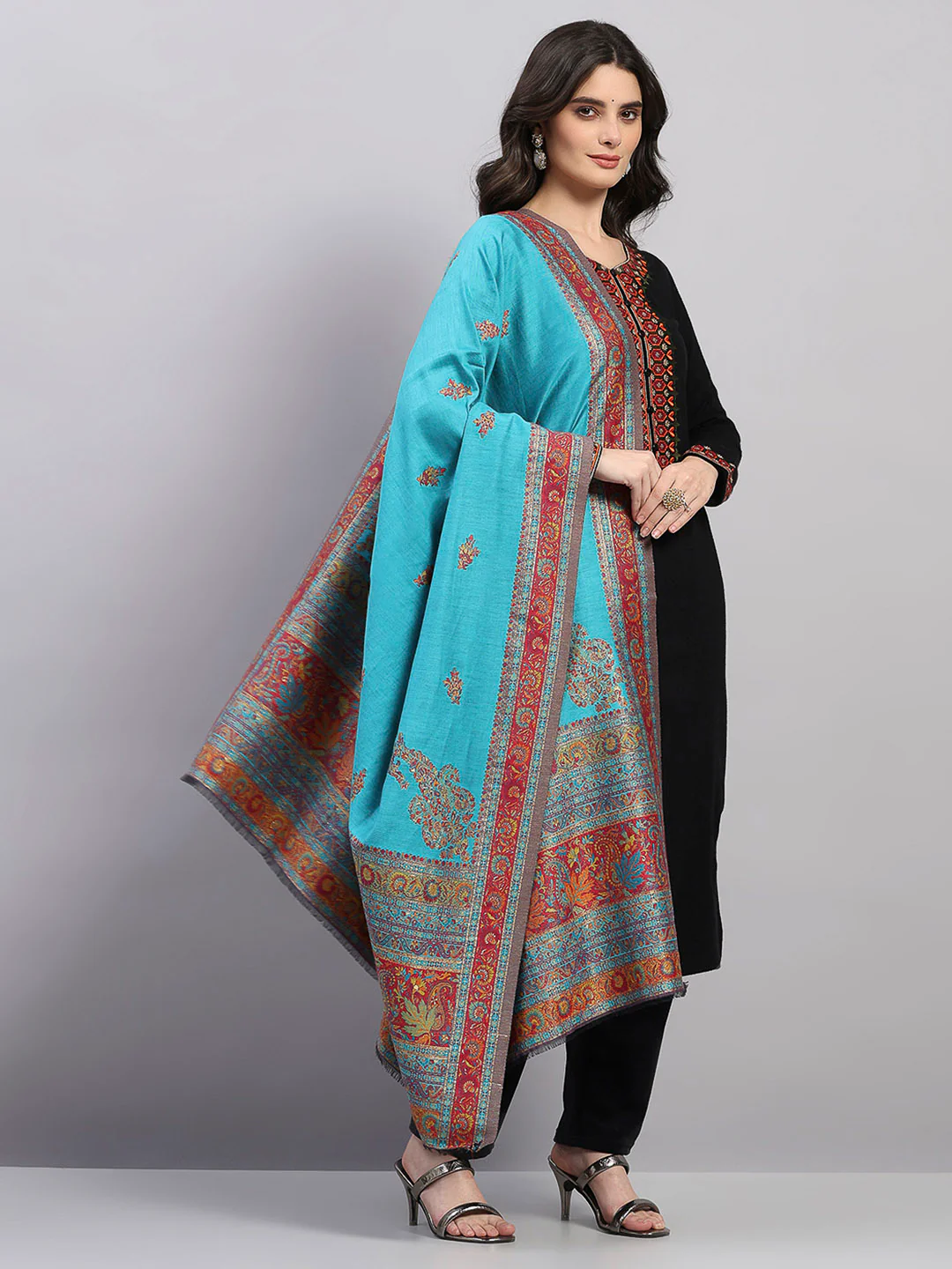 Women Multicolor Printed Wool Blend Shawl - Image 4