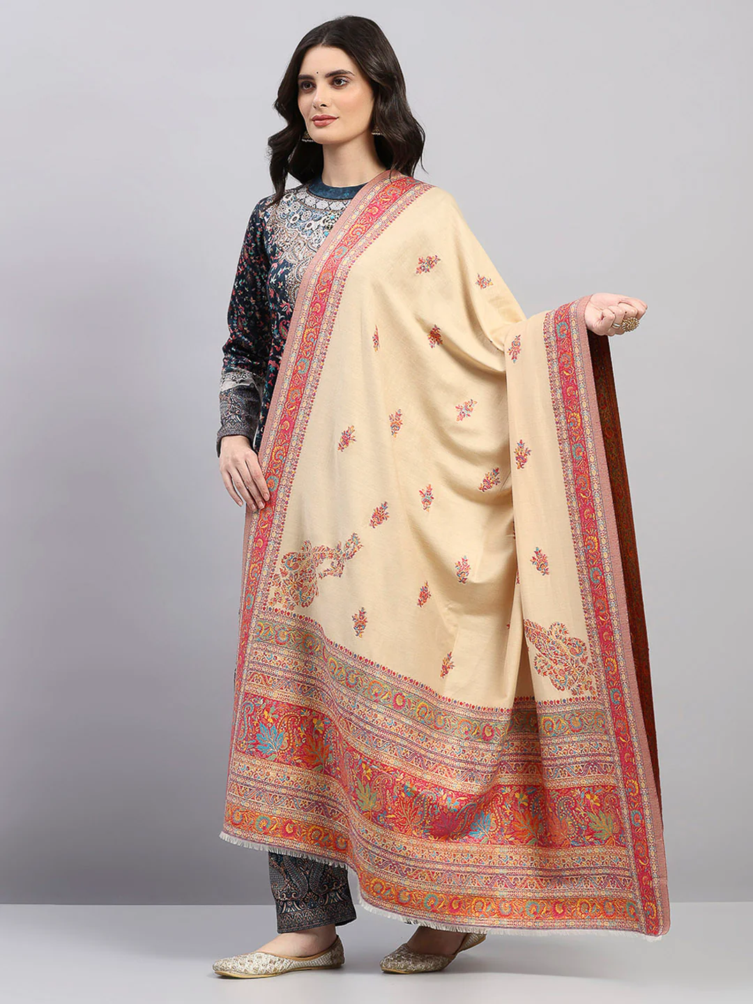 Women Multicolor Printed Wool Blend Shawl - Image 3