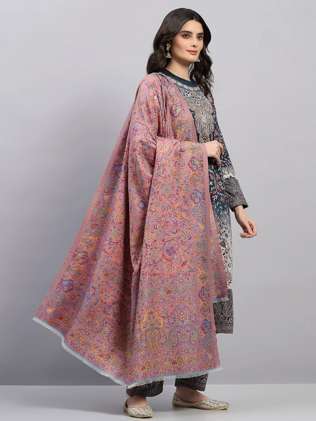 Women Multicolor Printed Wool Blend Shawl - Image 4