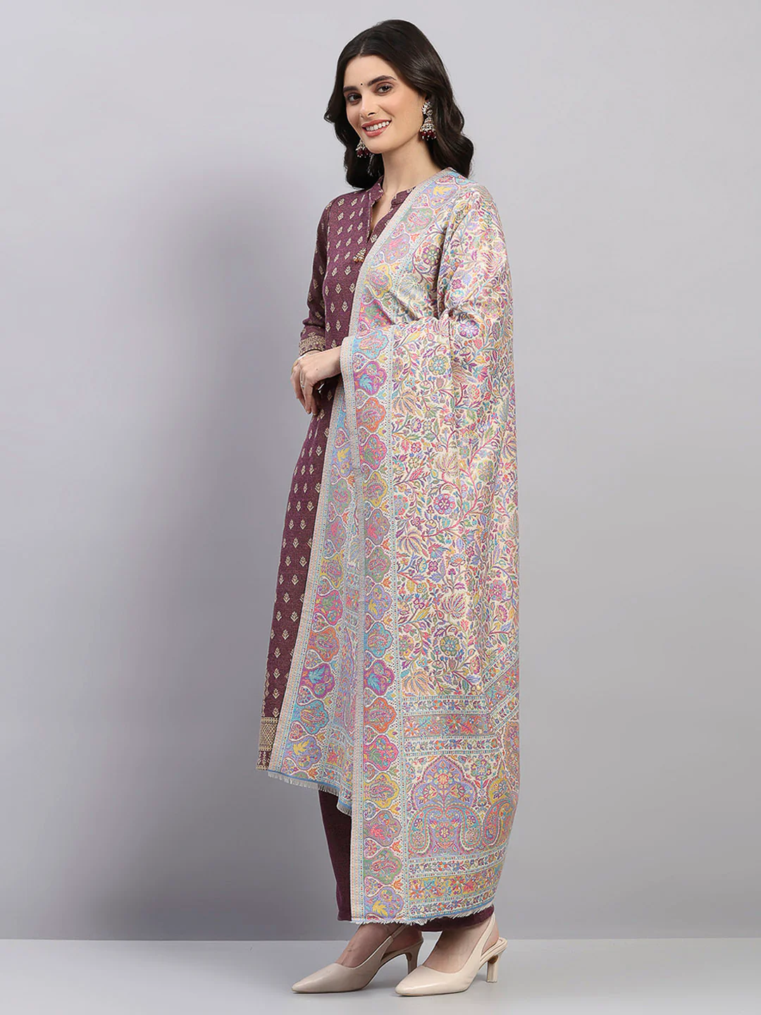 Women Multicolor Printed Wool Blend Shawl - Image 3