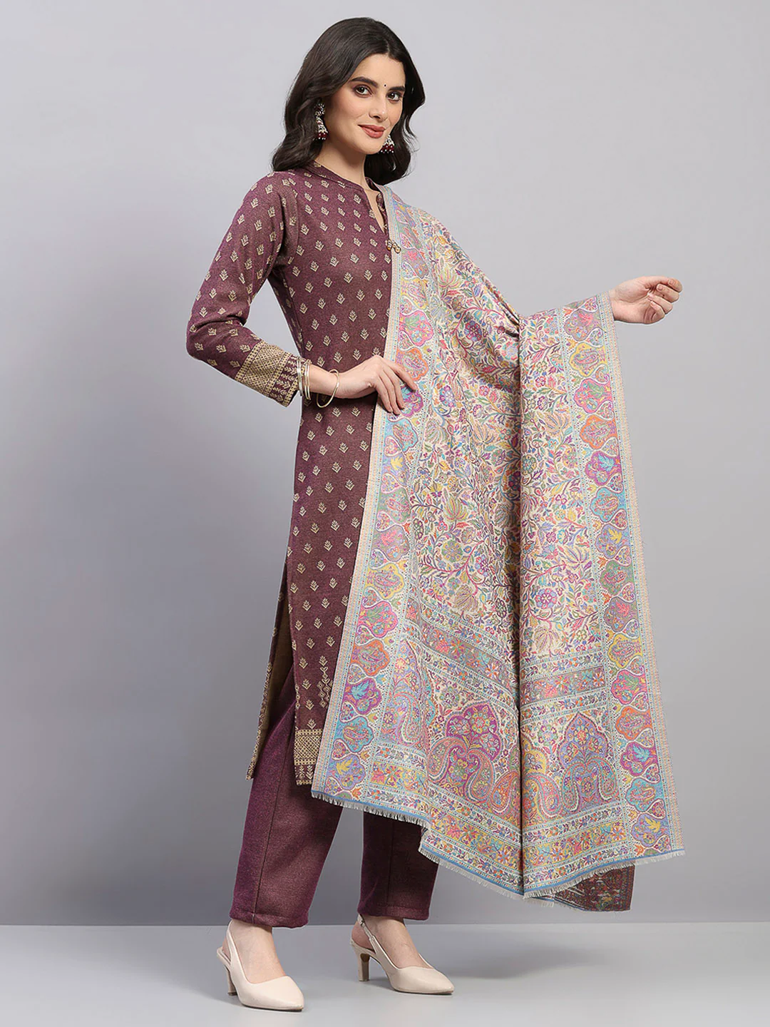 Women Multicolor Printed Wool Blend Shawl - Image 4