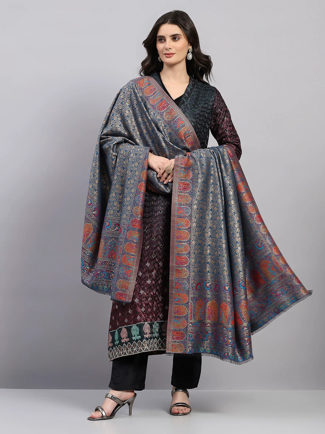 Women Multicolor Printed Wool Blend Shawl - Image 2