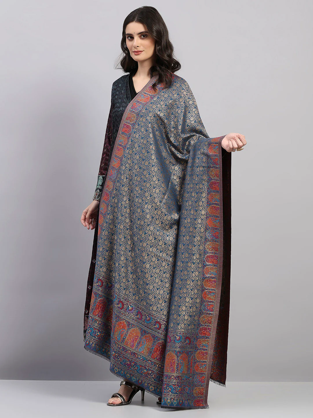 Women Multicolor Printed Wool Blend Shawl - Image 3