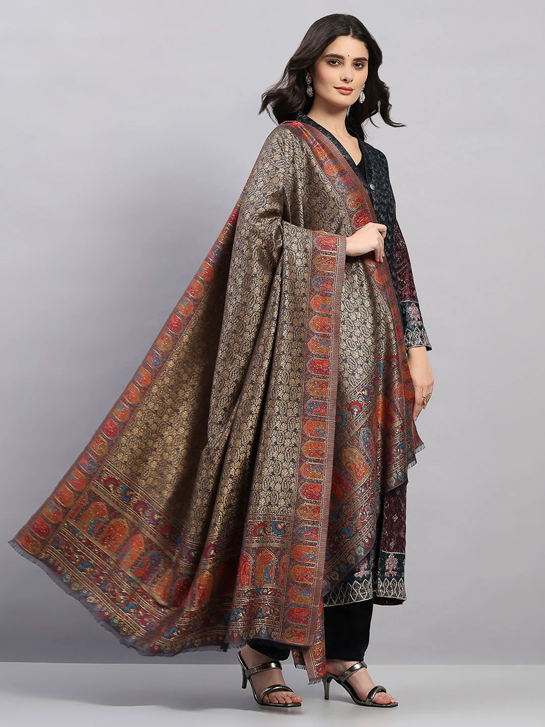 Women Multicolor Printed Wool Blend Shawl - Image 4