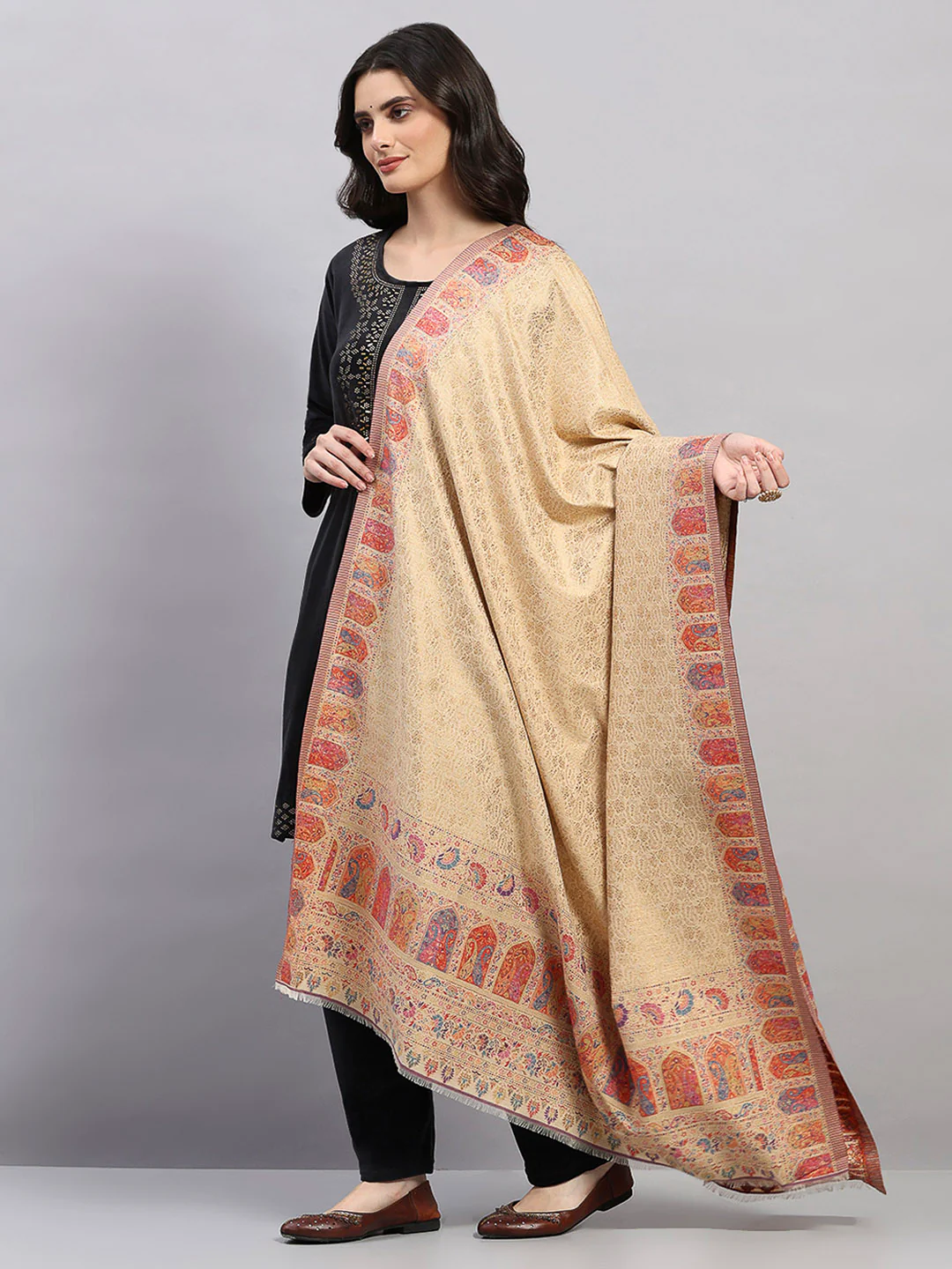Women Multicolor Printed Wool Blend Shawl - Image 3