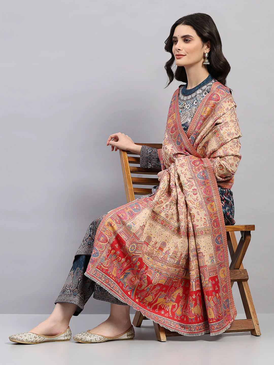 Women Multicolor Printed Wool Blend Shawl - Image 2