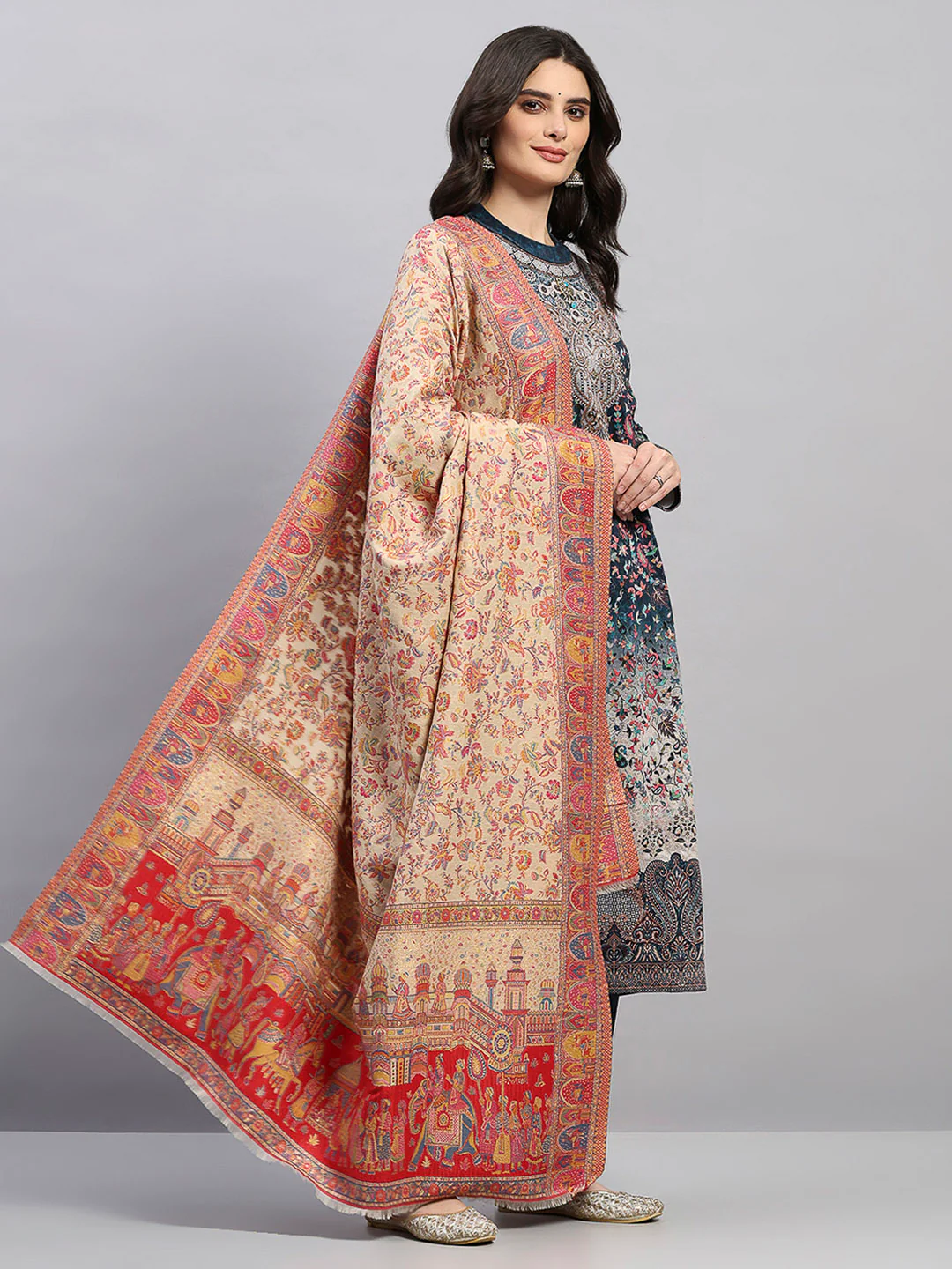 Women Multicolor Printed Wool Blend Shawl - Image 4