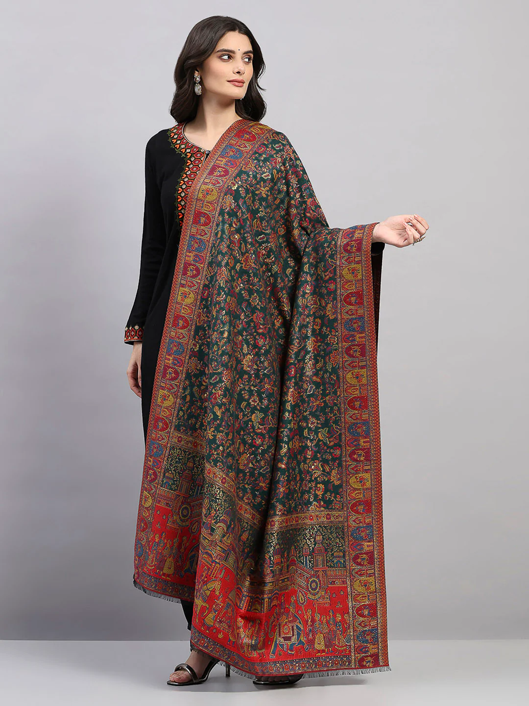 Women Multicolor Printed Wool Blend Shawl - Image 3