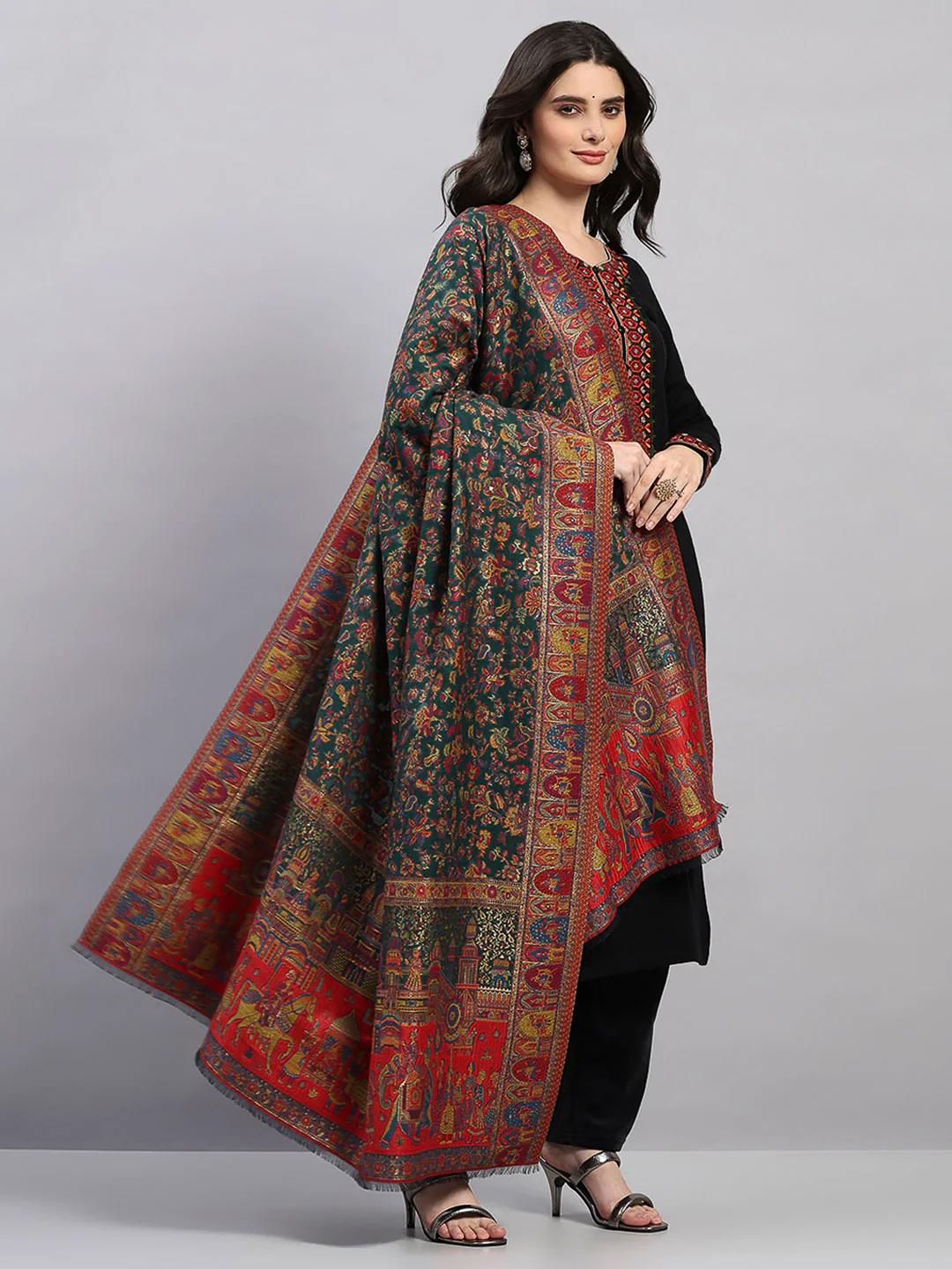 Women Multicolor Printed Wool Blend Shawl - Image 4