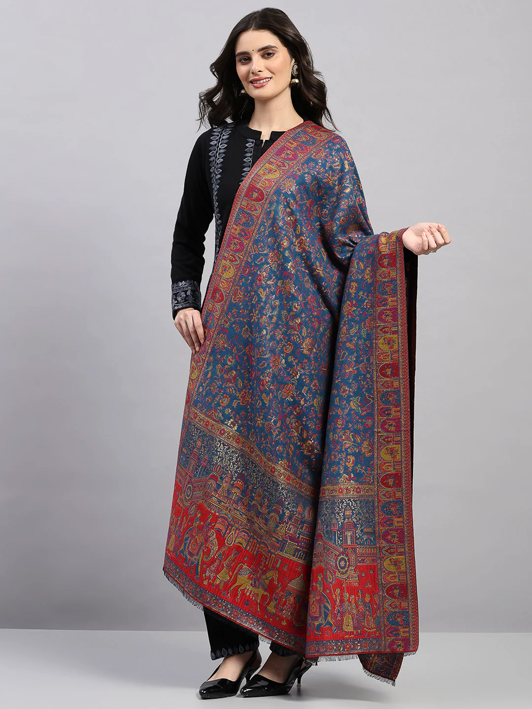 Women Multicolor Printed Wool Blend Shawl - Image 3