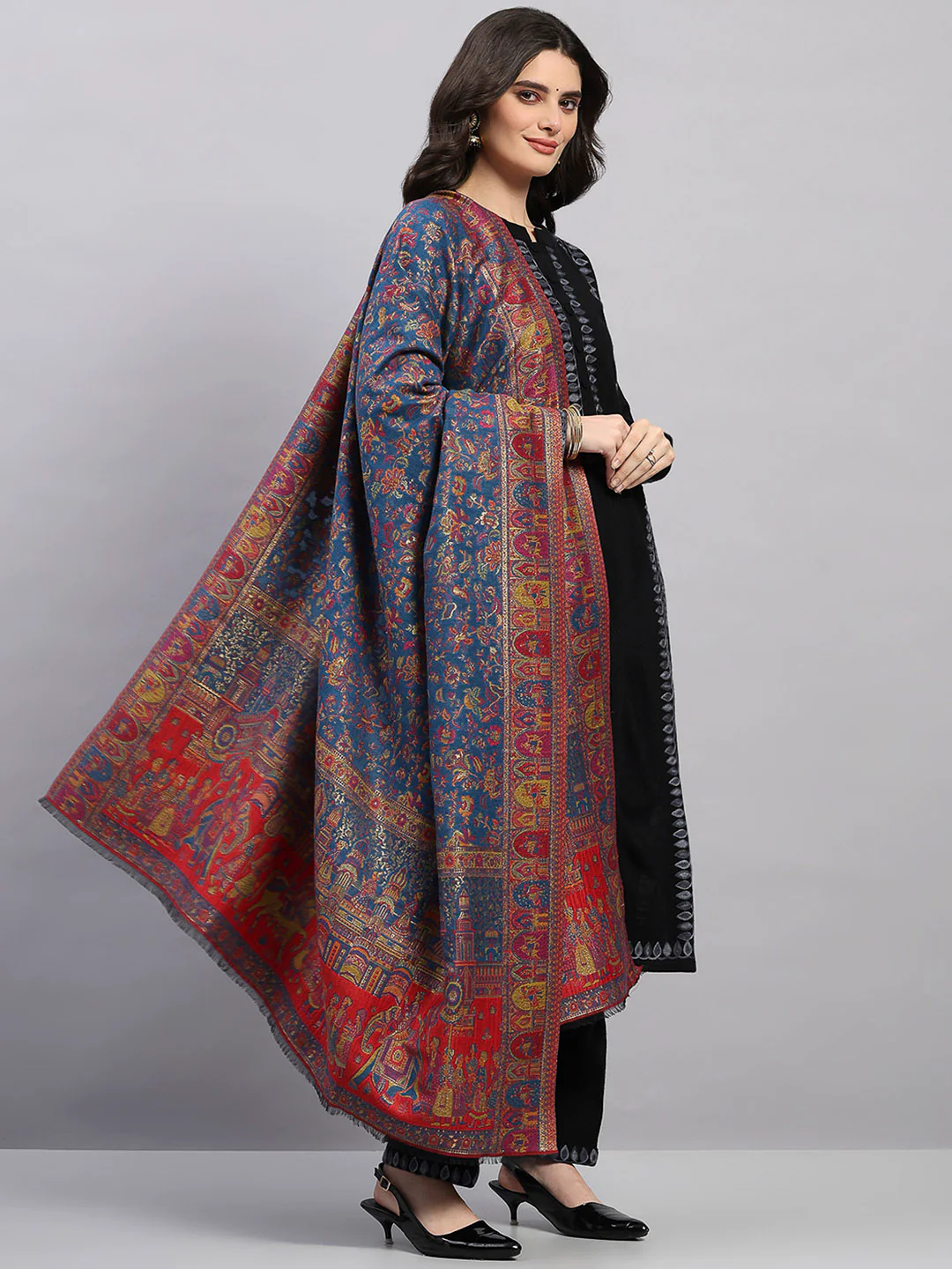 Women Multicolor Printed Wool Blend Shawl - Image 4