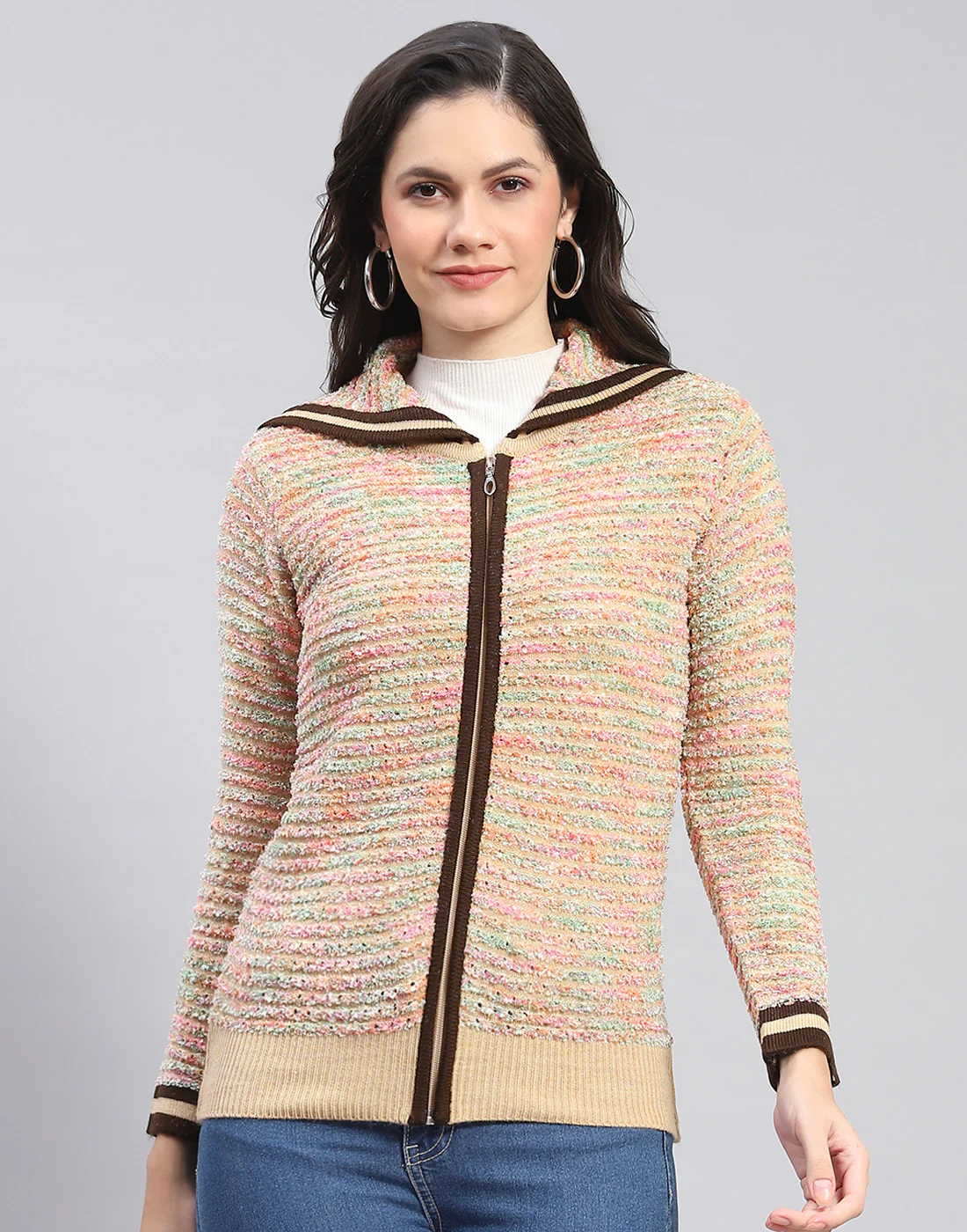 Women Multicolor Self Design Collar Full Sleeve Cardigan - Image 2