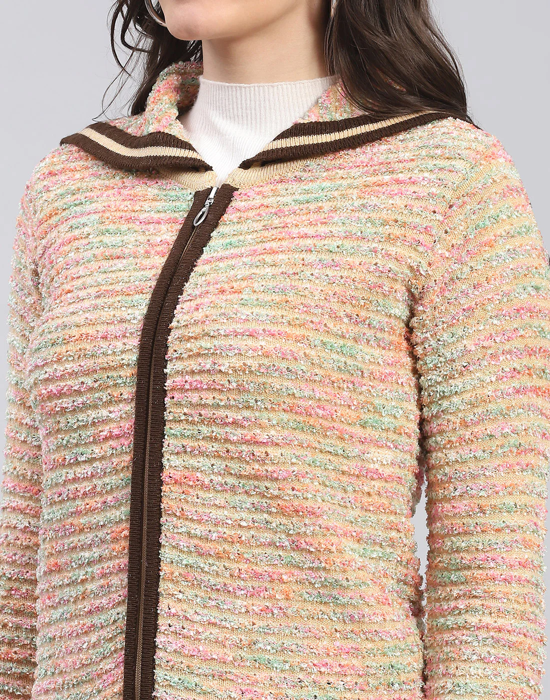 Women Multicolor Self Design Collar Full Sleeve Cardigan - Image 6