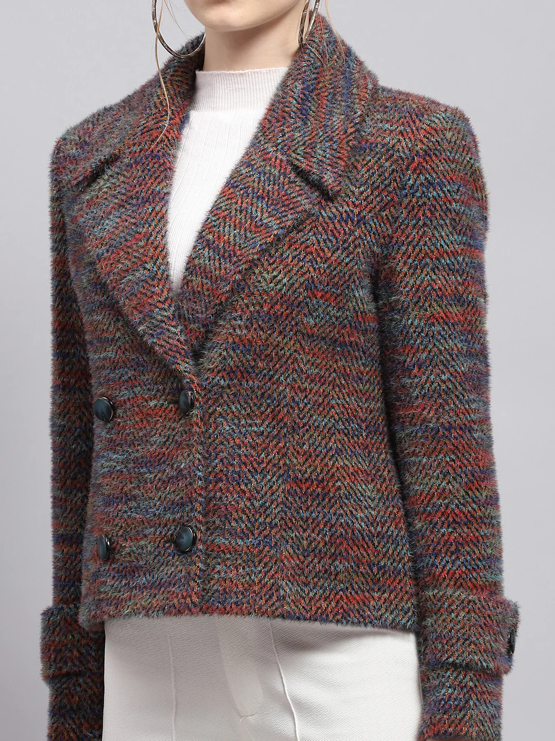Women Multicolor Self Design Collar Full Sleeve Coat - Image 6