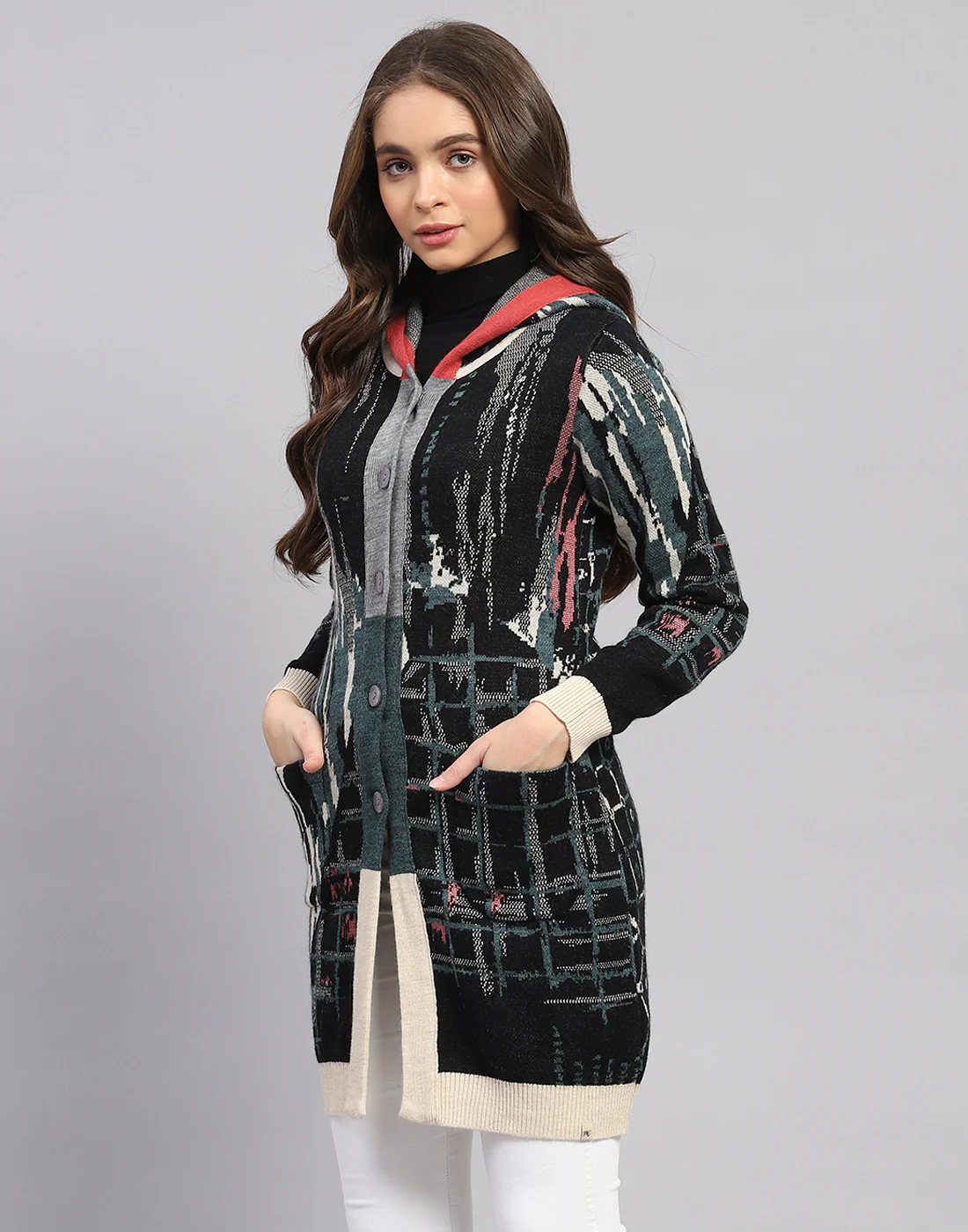 Women Multicolor Self Design Hooded Full Sleeve Cardigan - Image 3