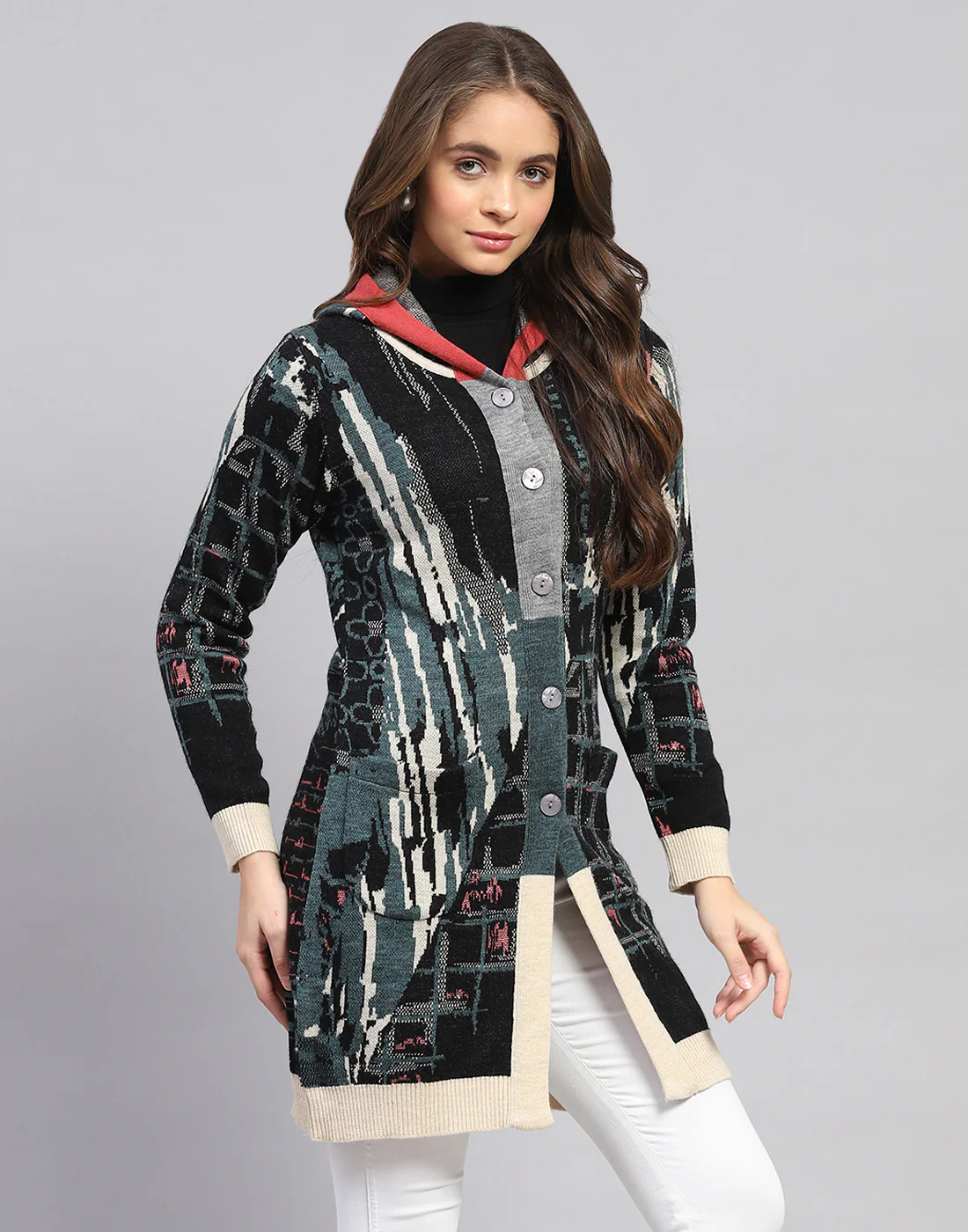 Women Multicolor Self Design Hooded Full Sleeve Cardigan - Image 4