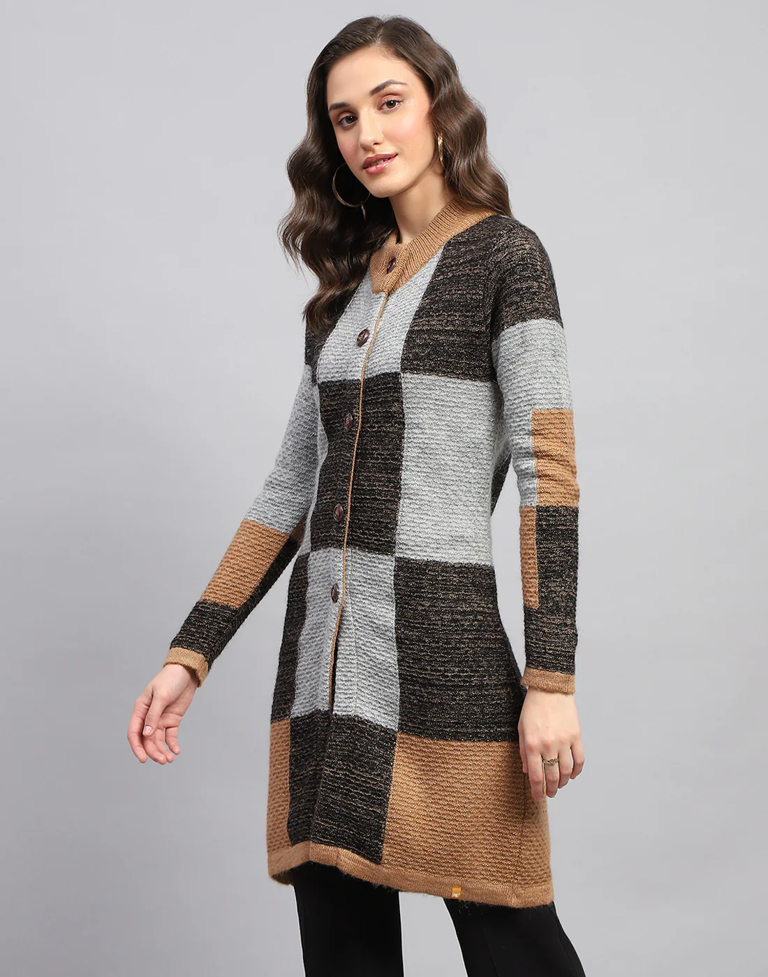 Women Multicolor Self Design Round Neck Full Sleeve Knitted coat - Image 3