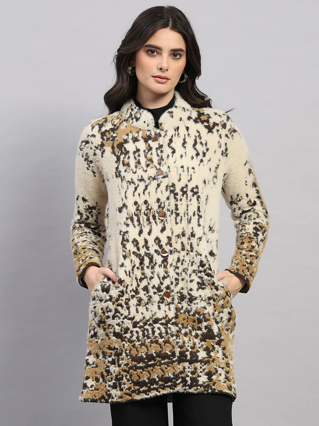 Women Multicolor Self Design Round Neck Full Sleeve Knitted Coat