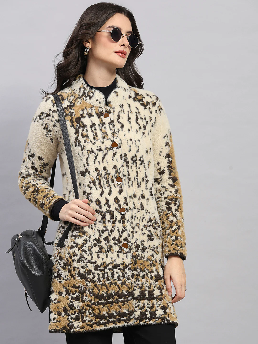 Women Multicolor Self Design Round Neck Full Sleeve Knitted Coat - Image 6