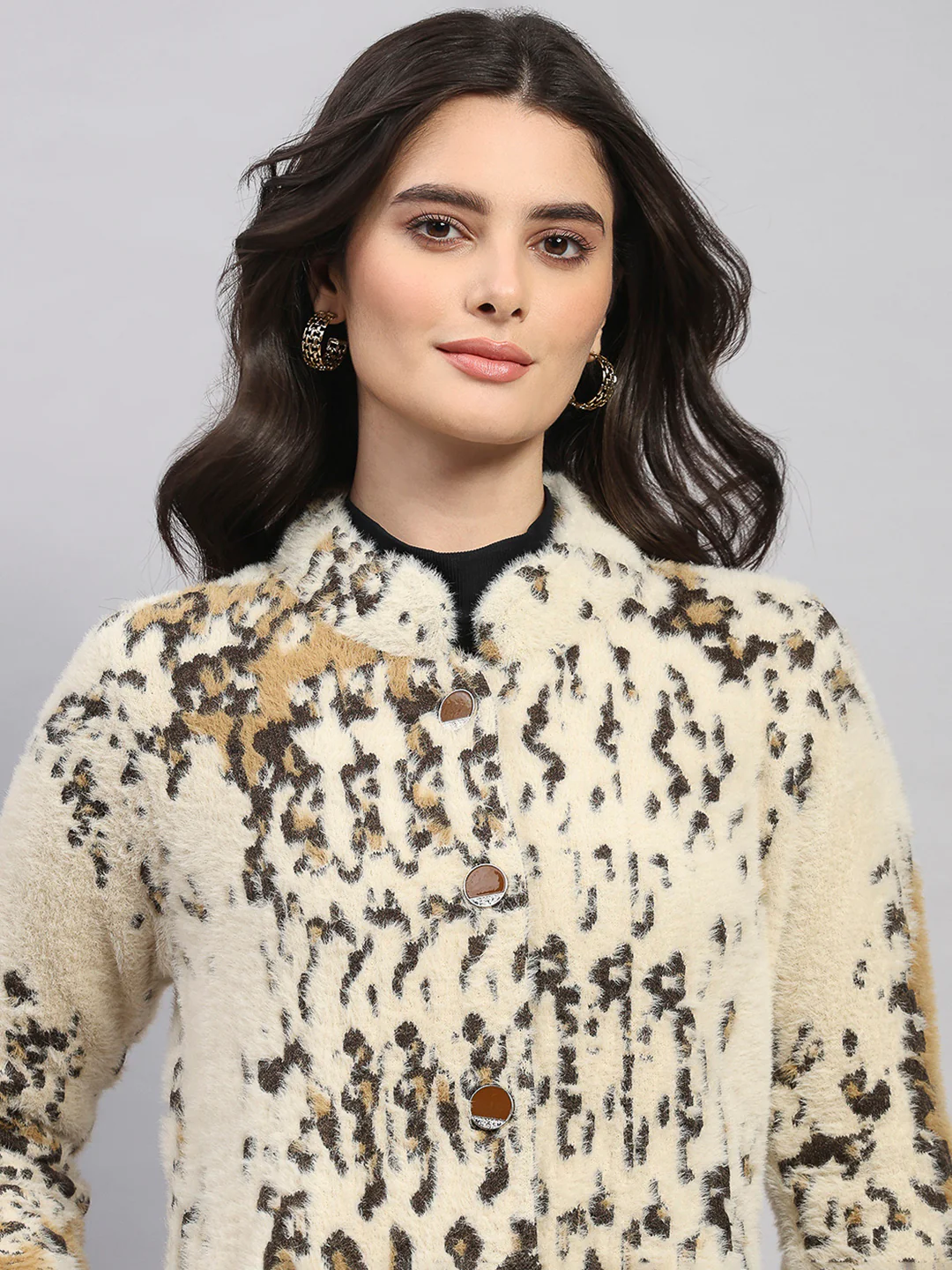 Women Multicolor Self Design Round Neck Full Sleeve Knitted Coat - Image 7