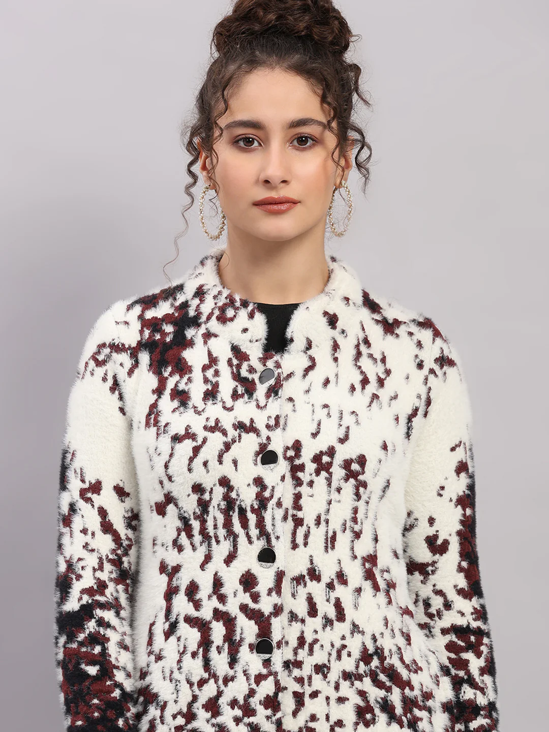 Women Multicolor Self Design Round Neck Full Sleeve Knitted Coat - Image 6