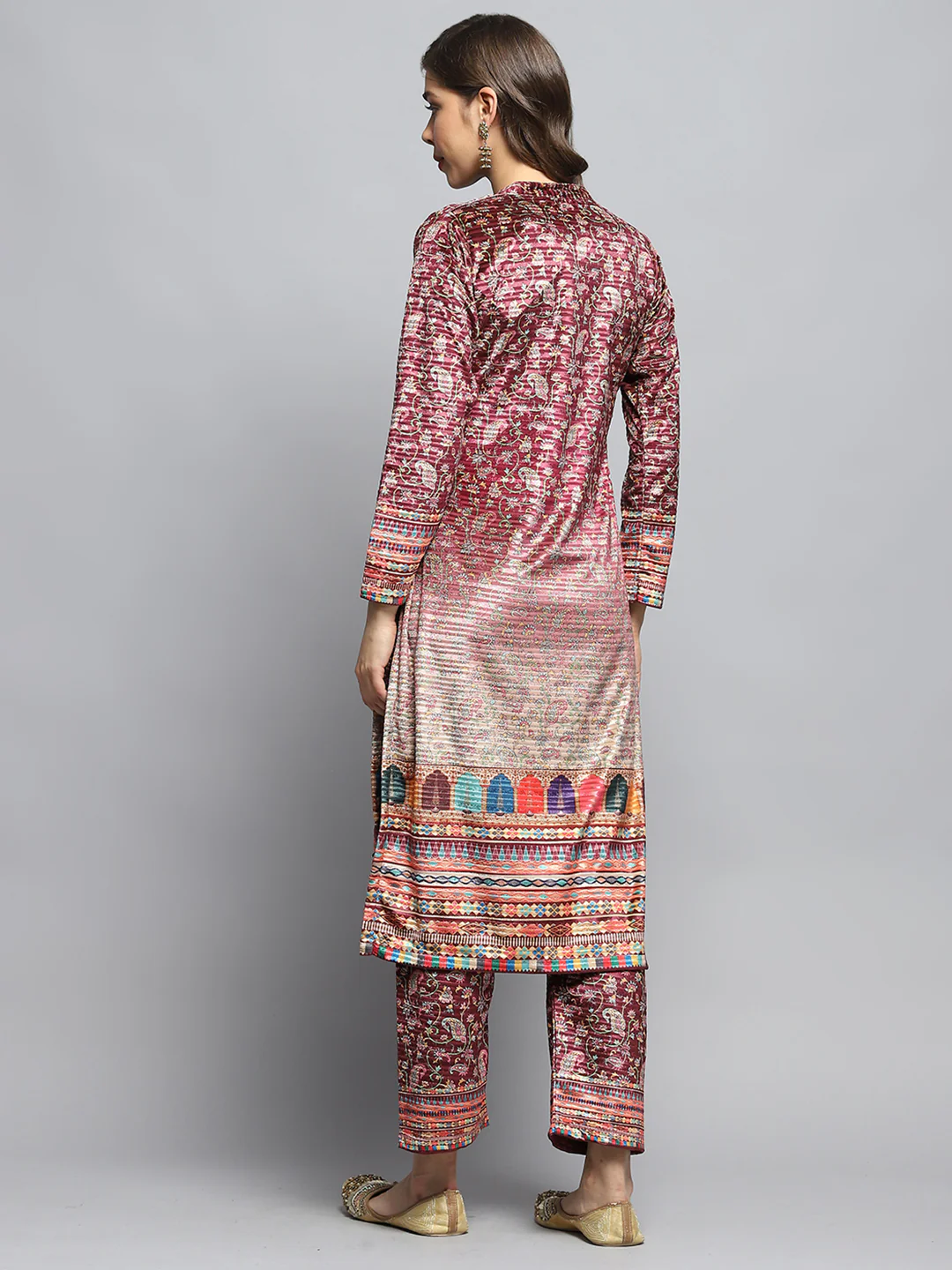 Women Multicolor Self Design Round Neck Full Sleeve Kurti Set with Bag - Image 2