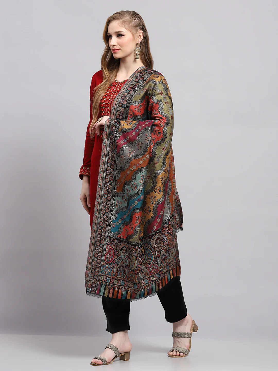 Women Multicolor Self Design Shawl - Image 3