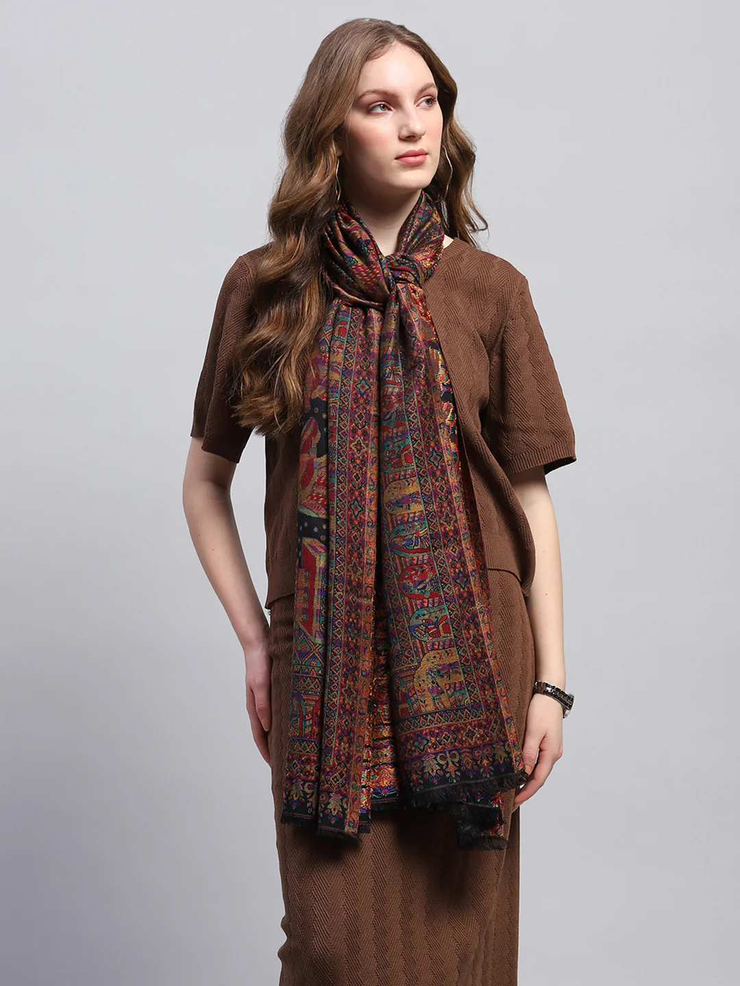 Women Multicolor Self Design Stole - Image 3