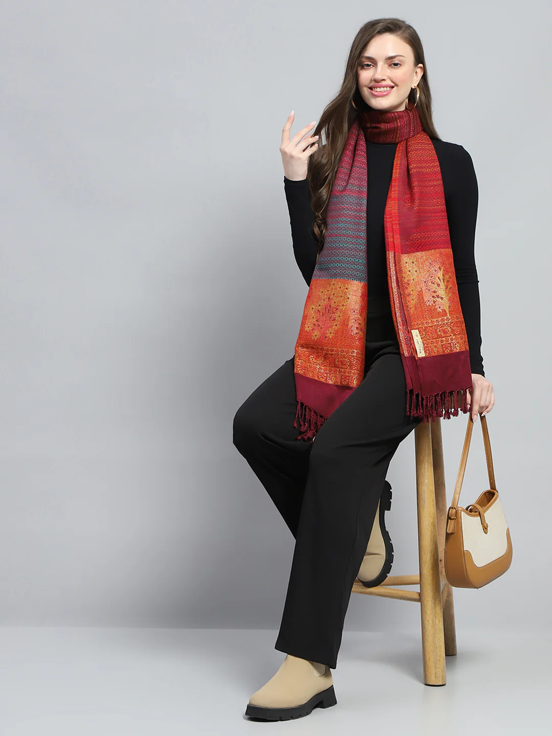 Women Multicolor Self Design Stole - Image 5
