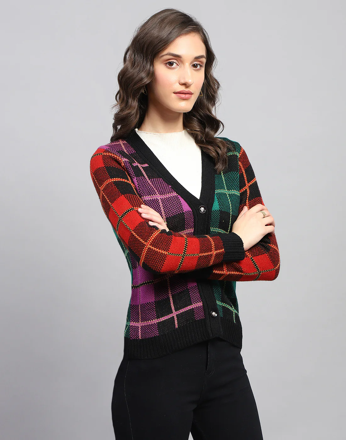 Women Multicolor Self Design V Neck Full Sleeve Cardigan - Image 5