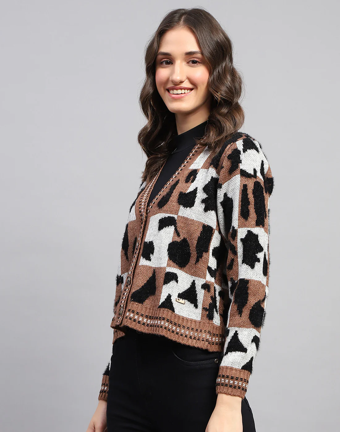 Women Multicolor Self Design V Neck Full Sleeve Cardigan - Image 3