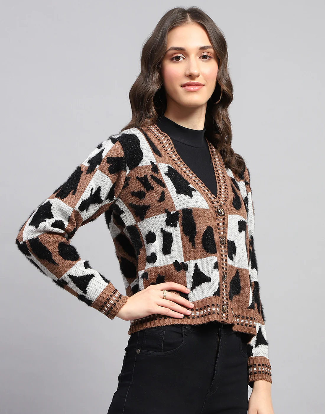 Women Multicolor Self Design V Neck Full Sleeve Cardigan - Image 4