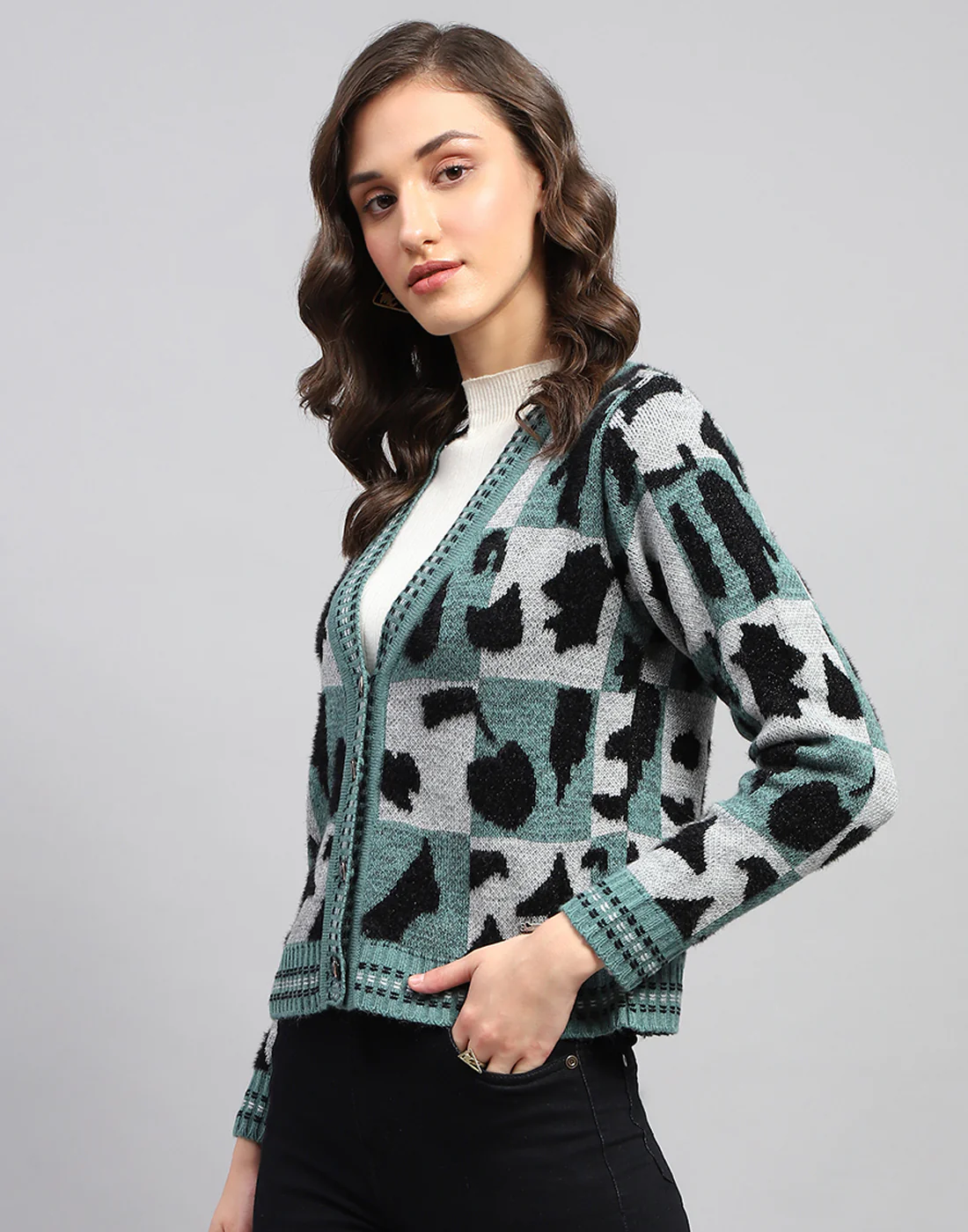 Women Multicolor Self Design V Neck Full Sleeve Cardigan - Image 3