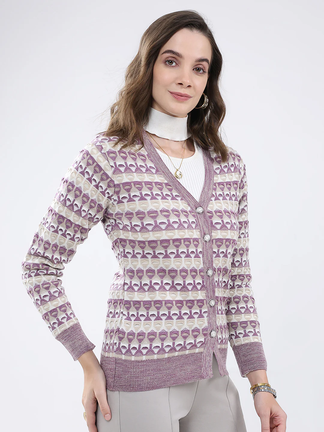 Women Multicolor Self Design V Neck Full Sleeve Cardigan - Image 4