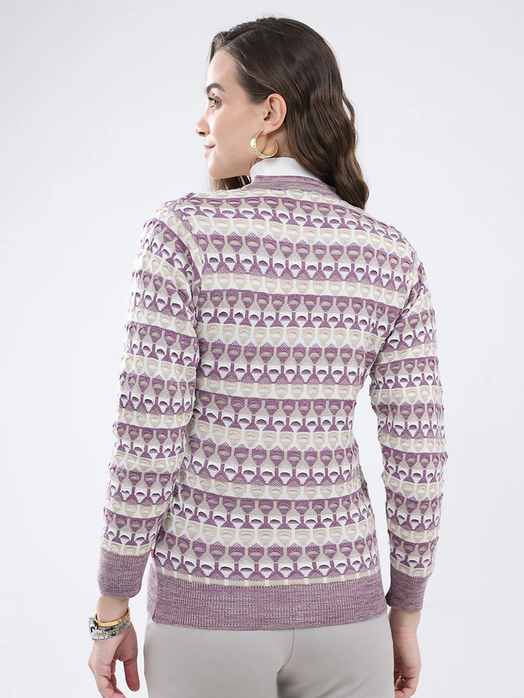 Women Multicolor Self Design V Neck Full Sleeve Cardigan - Image 5
