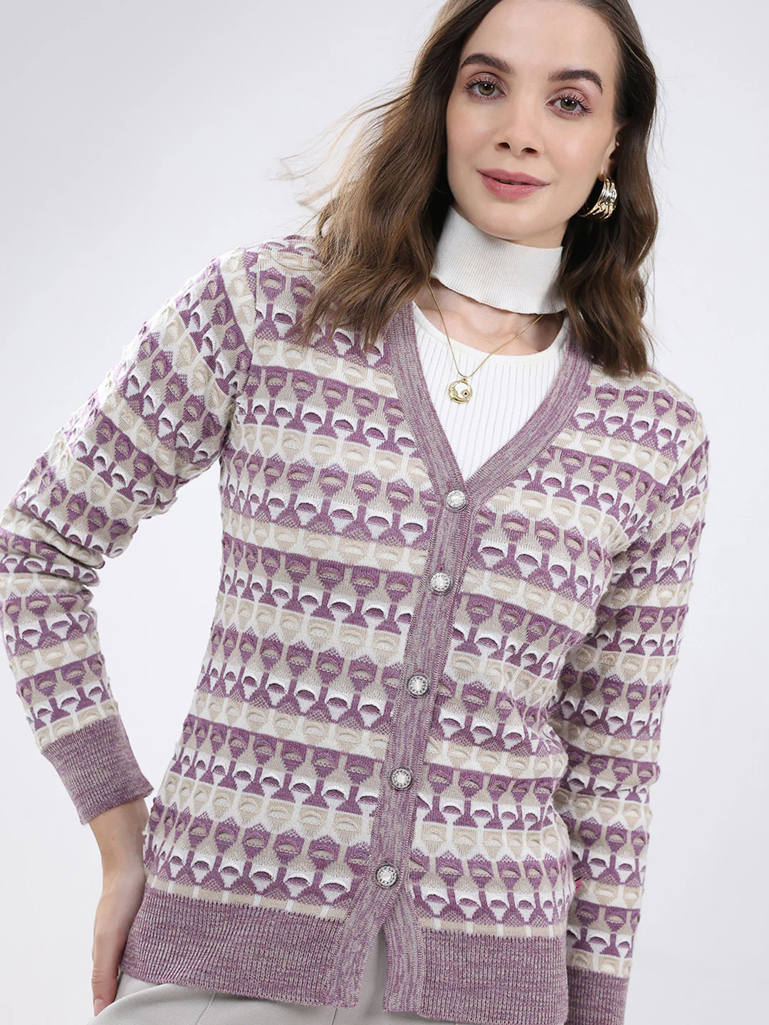 Women Multicolor Self Design V Neck Full Sleeve Cardigan - Image 7