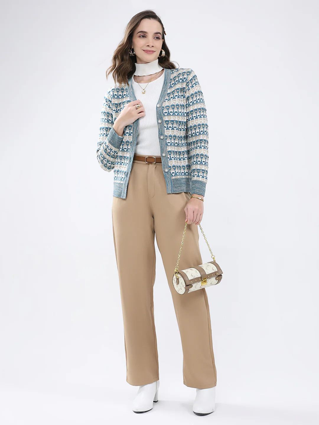 Women Multicolor Self Design V Neck Full Sleeve Cardigan - Image 2