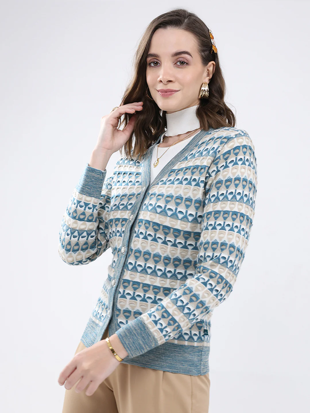 Women Multicolor Self Design V Neck Full Sleeve Cardigan - Image 3