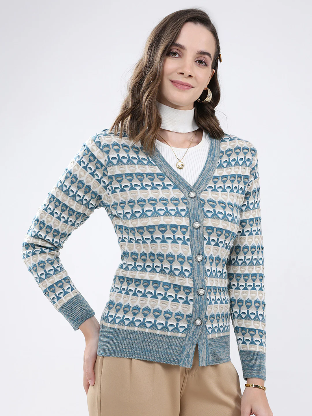 Women Multicolor Self Design V Neck Full Sleeve Cardigan - Image 4