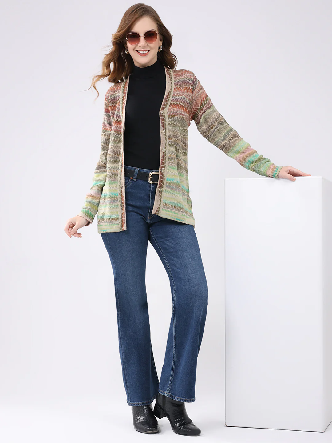 Women Multicolor Self Design V Neck Full Sleeve Cardigan - Image 2