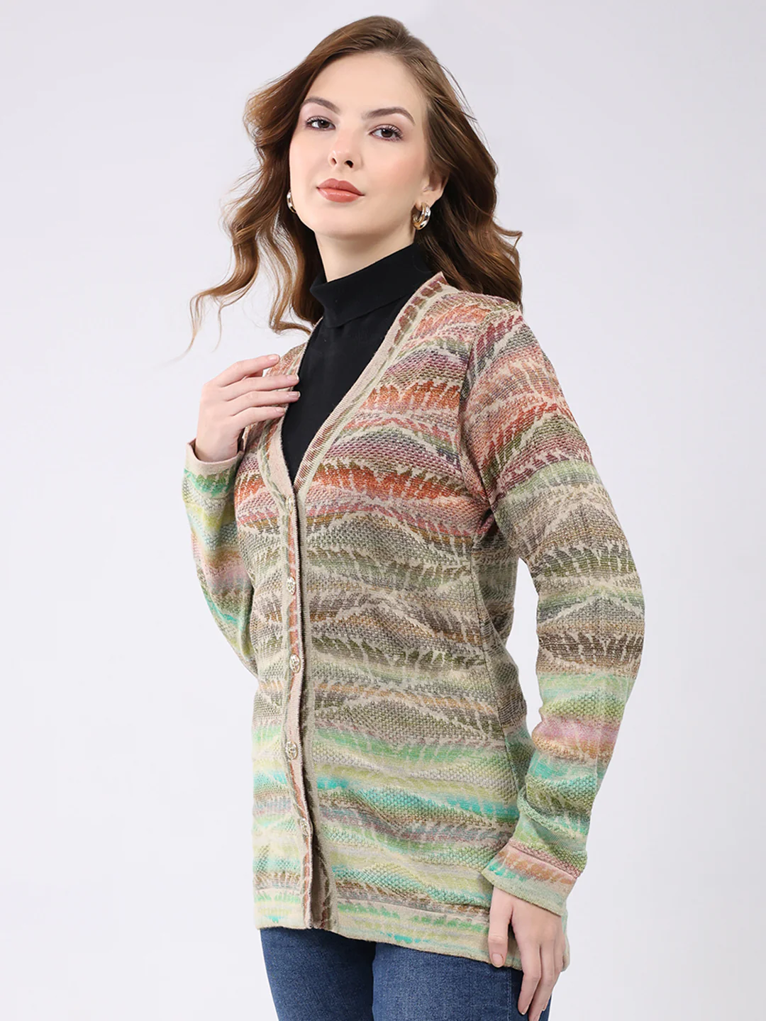 Women Multicolor Self Design V Neck Full Sleeve Cardigan - Image 3