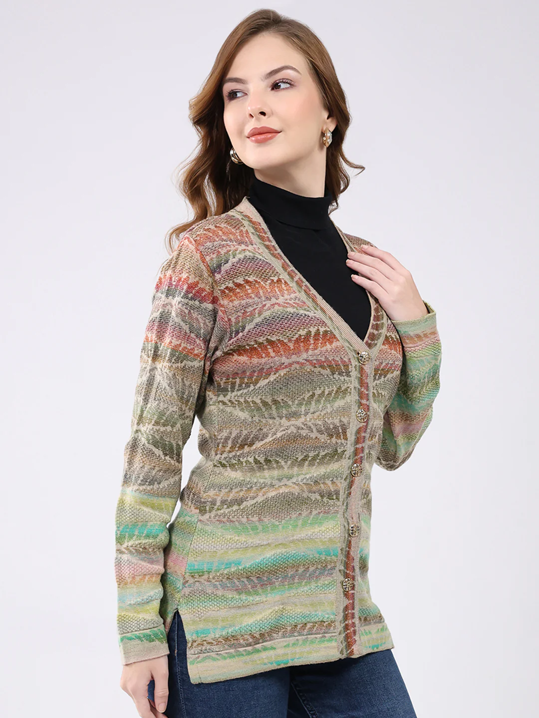 Women Multicolor Self Design V Neck Full Sleeve Cardigan - Image 4